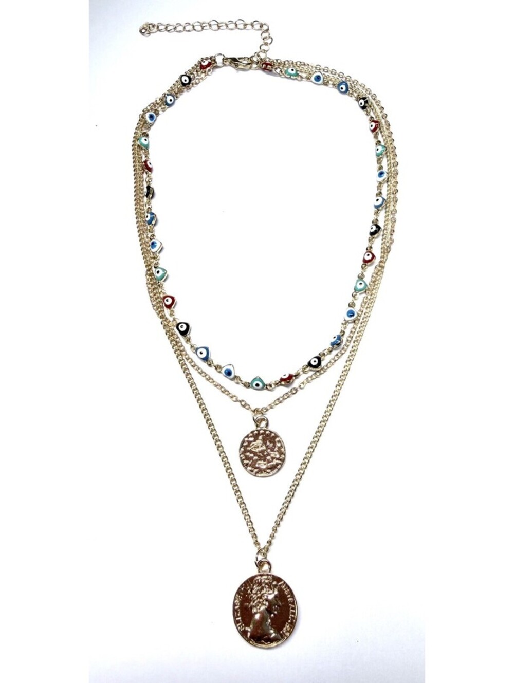Gold Tone Layered Evil Eye Necklace Multicolor Beads Double Coin Charms